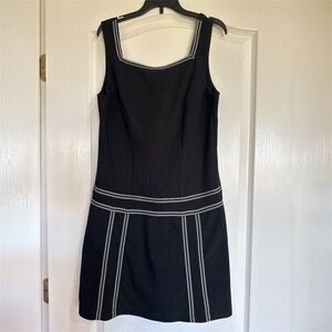 Vintage Black Mini Dress White Contrast Stitching Square Neck Made in USA